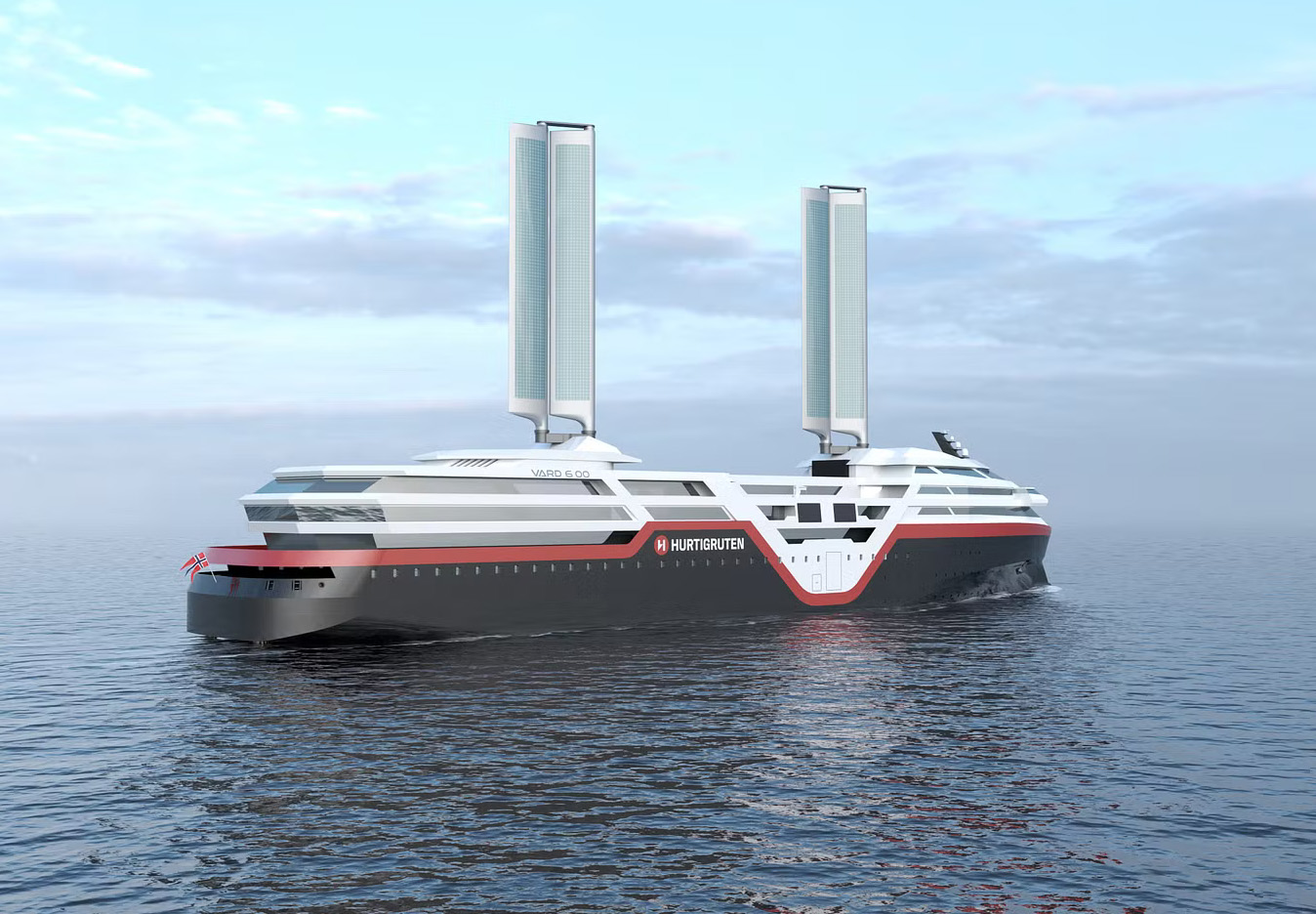 Hurtigruten Neues futuristisches Schiff auf dem Meer mit innovativem Design und Segel