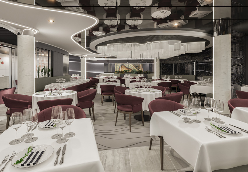 MSC Magnifica Yacht Club Restaurant schick gedeckte Tische innovative Spiegeldecke MSC Magnifica Yacht Club Restaurant schick gedeckte Tische innovative Spiegeldecke