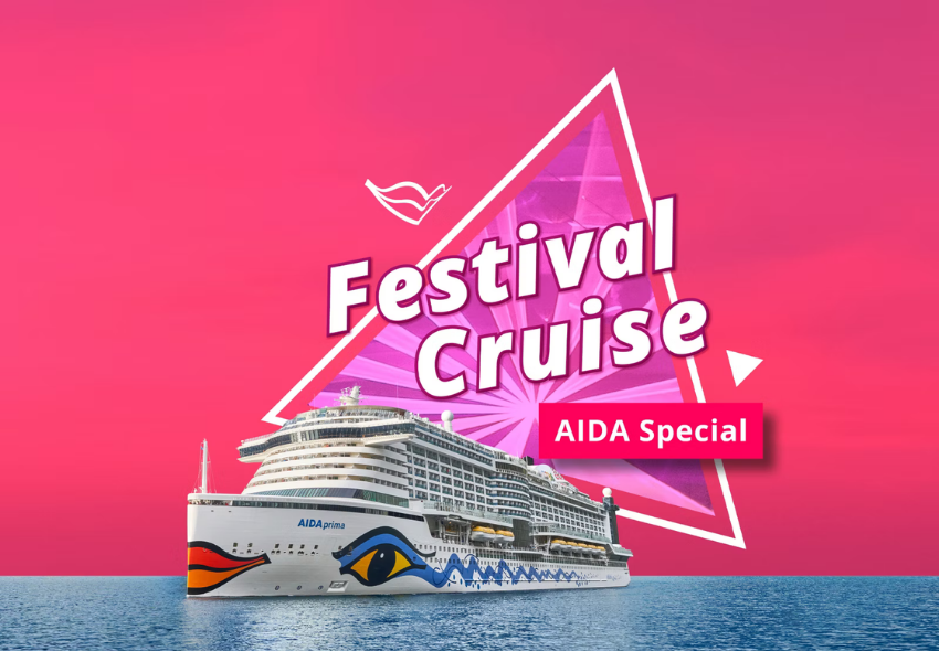 FESTIVAL Cruise 2027 auf AIDAperla Das Bild zeigt ein Werbemotiv zur FESTIVAL Cruise von AIDA Cruises. Vor einem leuchtend pinken Hintergrund fährt ein Kreuzfahrtschiff der AIDA Flotte auf ruhiger See. Im Mittelpunkt des Motivs steht der Schriftzug „Festival Cruise“, der vor einem gra