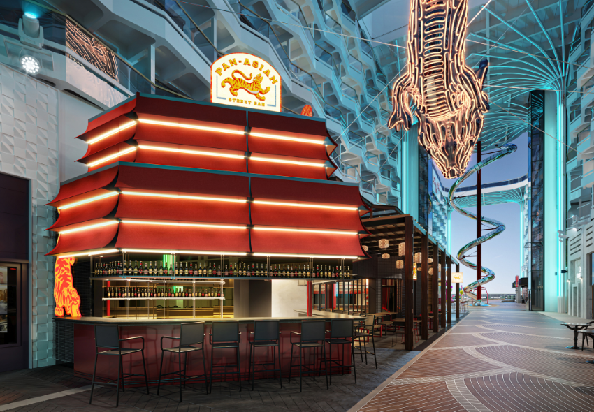 Blick auf das neue panasiatische Restaurant an Bord der MSC World Asia auf der World Promenade
