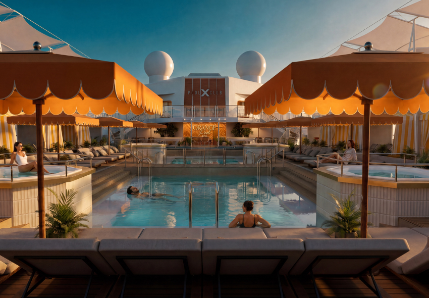 Pooldeck der Celebrity Reflection Ein Rendering welches das modernisierte Pooldeck der Celebrity Reflection zeigt, mit Sonnenschirmen, Liegen und Pflanzen.