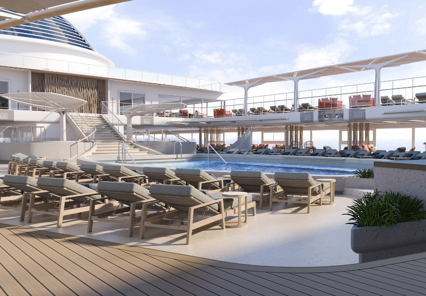 Das luxuriöse Solara Pool Deck der Seven Seas Prestige Solara Pool Deck der Seven Seas Prestige mit Liegen