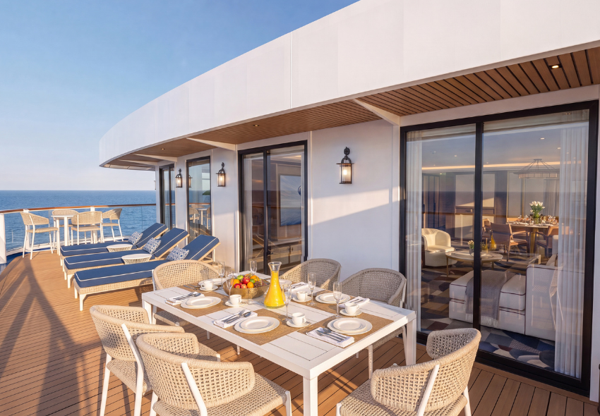 Außenbereich der Pinnacle Suite auf der Zuiderdam mit gedecktem Tisch