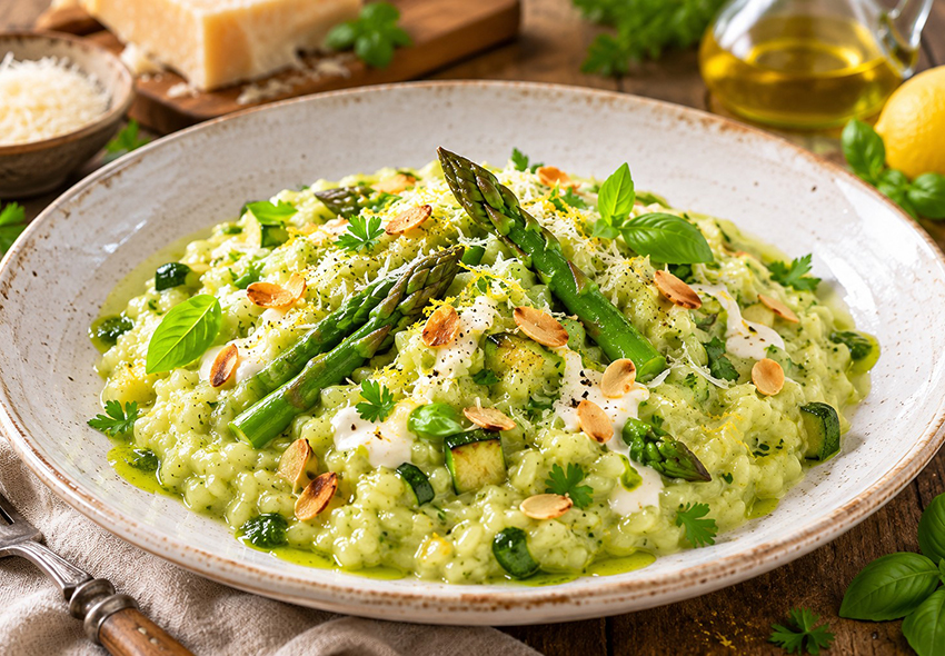 Spargel-Zucchini-Risotto MSC Cruises Teller angerichtet mit Spargel-Zucchini-Risotto
