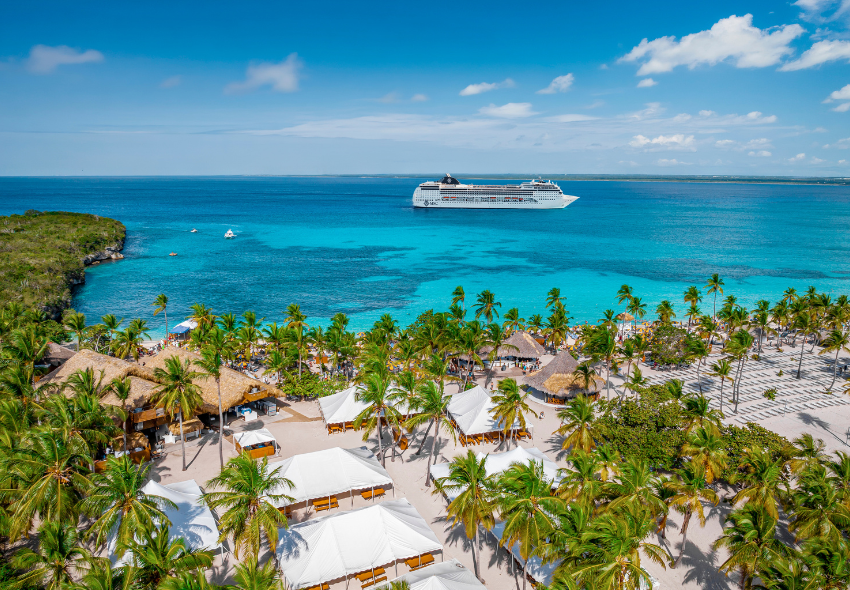 MSC Opera tendert vor Catalina Sugar Beach Schiff liegt im Meer, im Vordergrund sieht Palmen und ein Strand