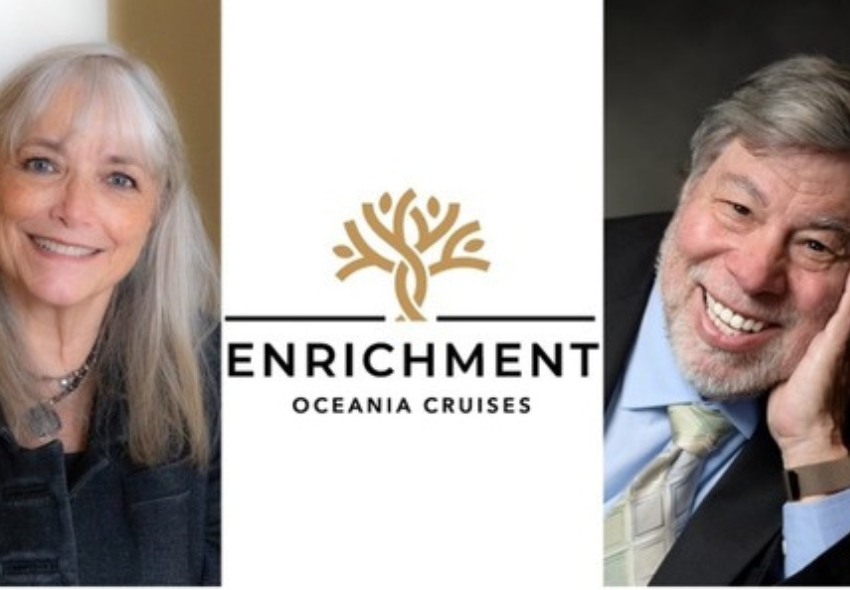 Oceania Cruises® mit „Curated Conversations“ Links: Karen Allen, Rechts: Steve Wozniak, in der Mitte Enrichment Oceania Cruises Logo