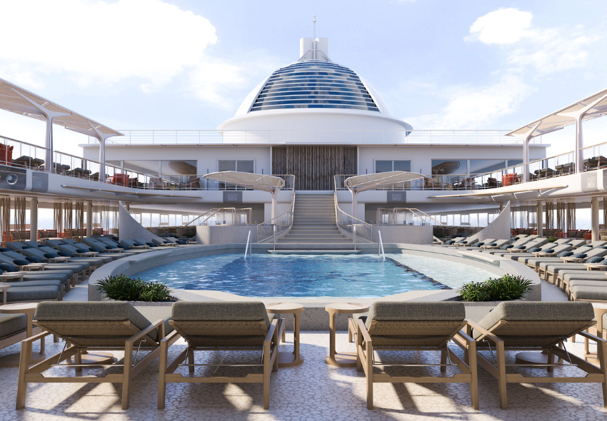 Modernes Pooldeck der Seven Seas Prestige mit gepolsterten Liegen