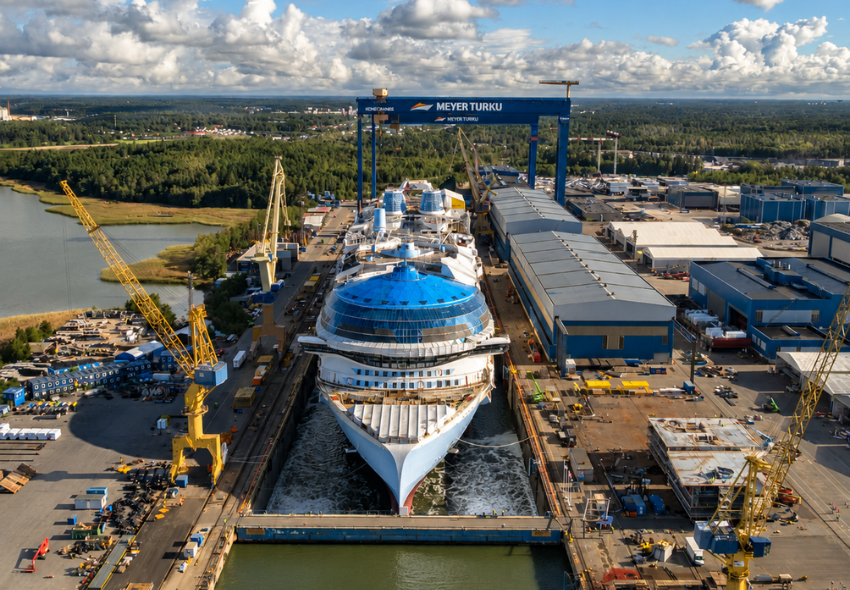 Die noch im Bau befindliche Hero of the Seas schwimmt im Werftbecken von Meyer Turku. Aus der Luft sind das große Kreuzfahrtschiff, die teilweise fertiggestellten Außendecks sowie Kräne und Werftgebäude rund um das Becken zu sehen.