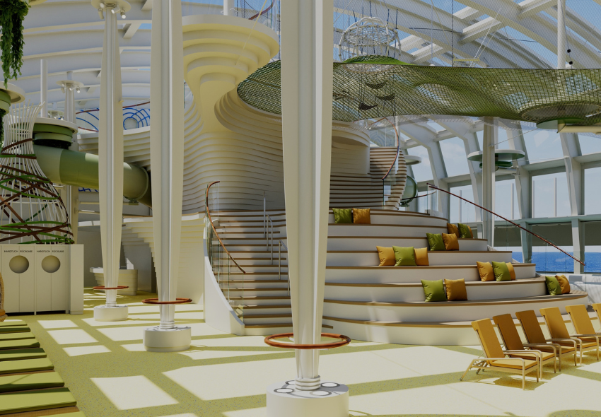 Im grün-gelb gestalteten Design mit Treppe als Sitzmöglichkeit, Klettergerüst, Rusche