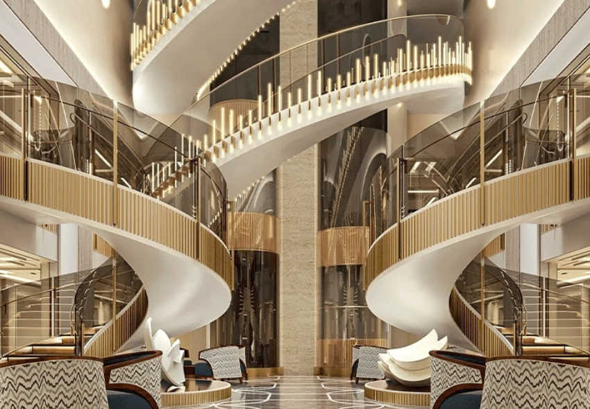 Seven Seas Prestige Blick in die weiß goldene Lobby an Bord der neuen Seven Seas Prestige