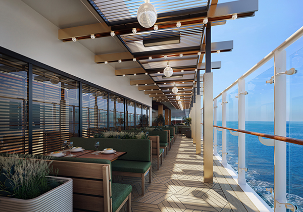 Eataly an Bord MSC World Asia Außenbereich des Eataly an Bord der MSC World Asia mit Holztischen und Bänken und Blick aufs Meer