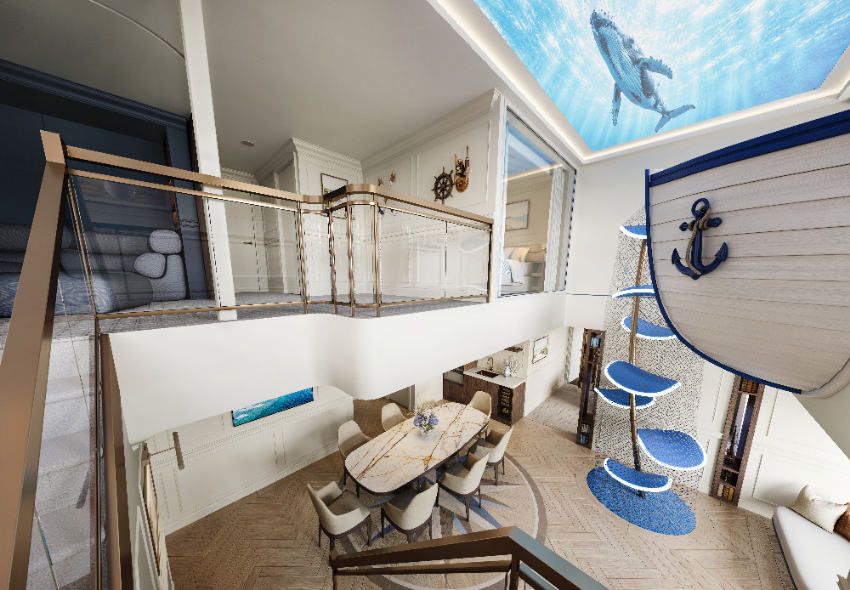 Grand Hamptons Villa auf der MSC World Atlantic Visualisierung einer luxuriösen, zweistöckigen Familiensuite mit offener Galerie und Glasgeländer. Im unteren Bereich steht ein großer Esstisch mit acht Stühlen. Rechts verbindet ein Kletterturm mit blauen Plattformen die beiden Etagen. An der Decke