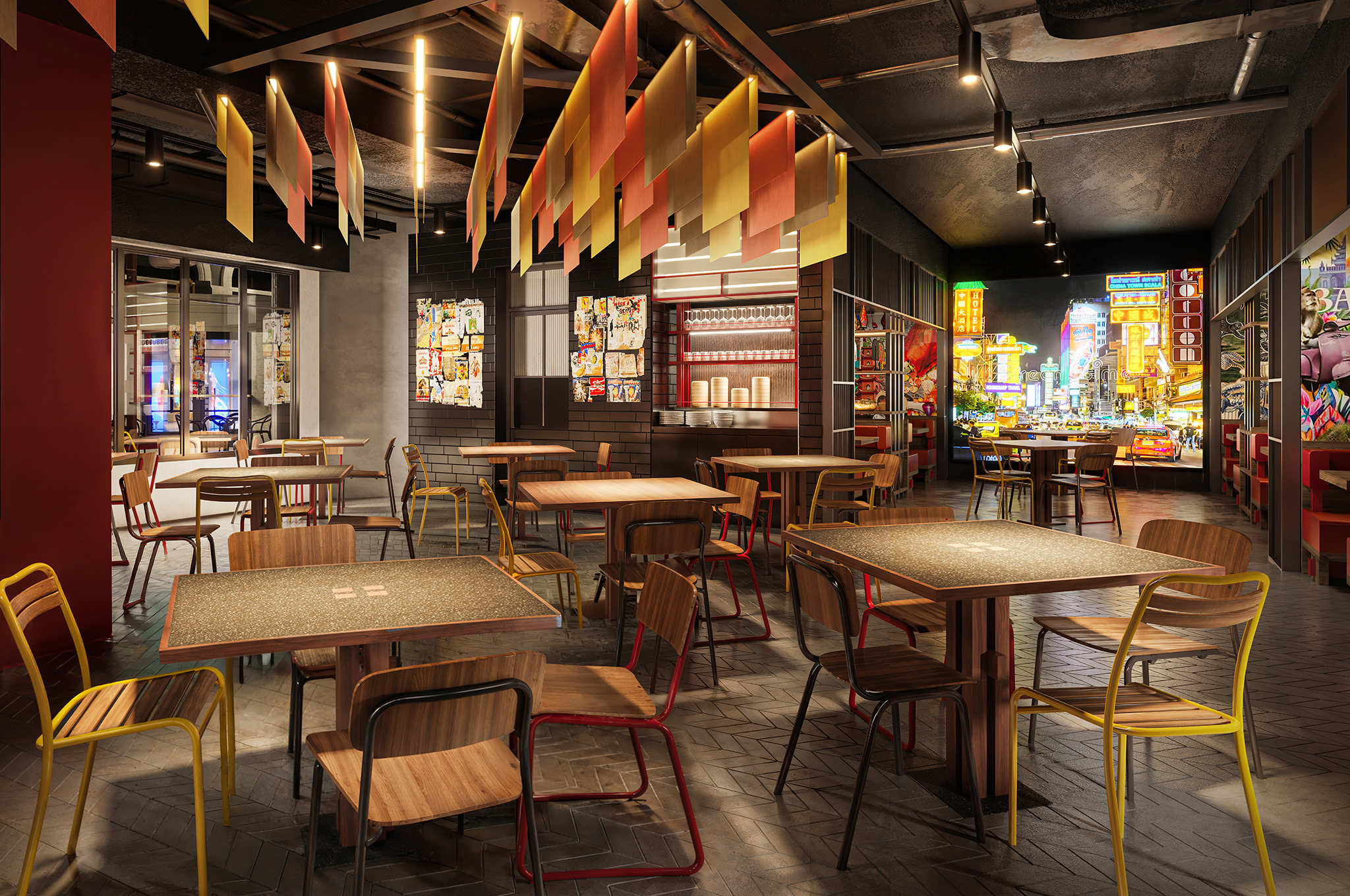 Sitzplätze im Innenbereich und auf der Dachterrasse des Pan-Asian Street Food Restaurants an Bord der MSC World Asia