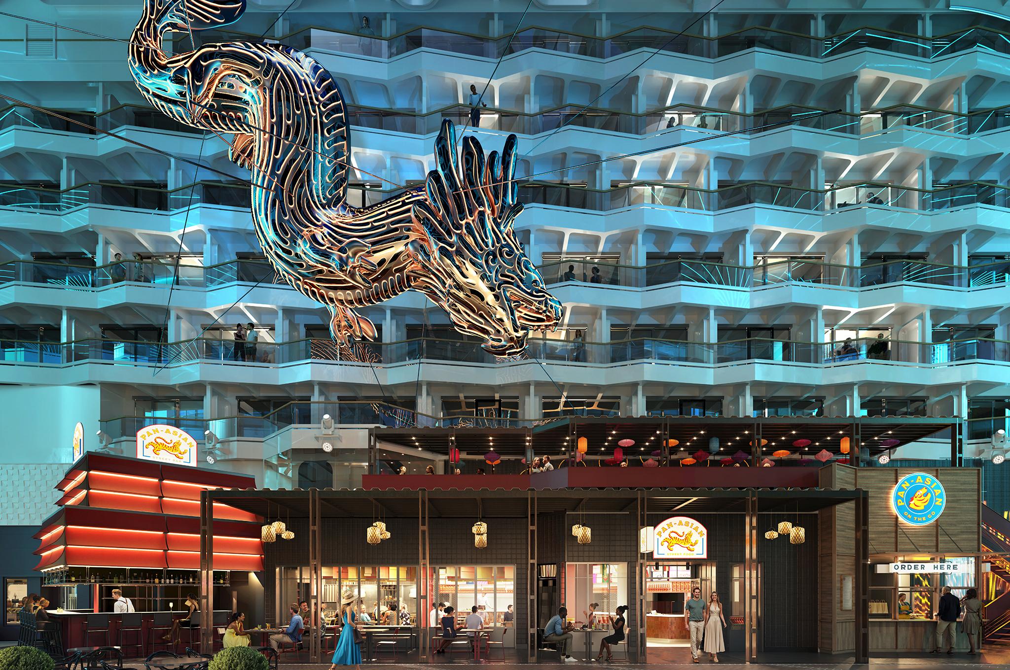 Innovatives Restaurantkonzept auf der MSC World Asia mit Restaurant, Bar und To-Go-Bereich
